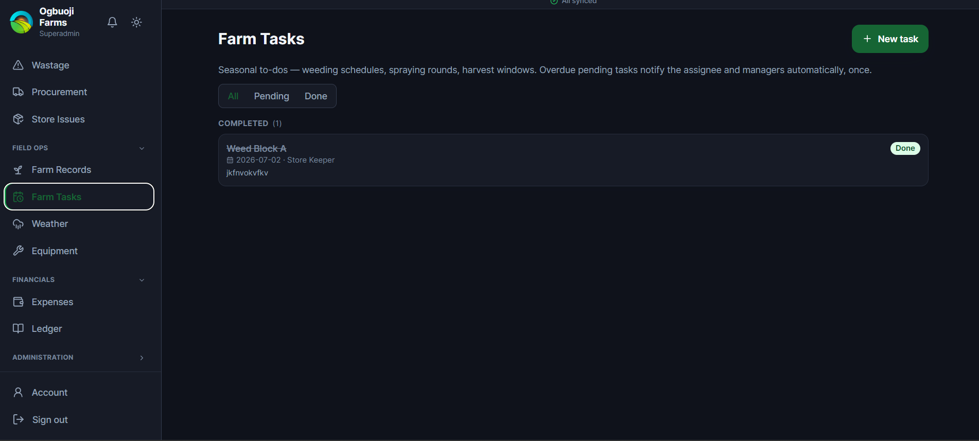Farm Tasks — Seasonal work turned into a trackable calendar, with automatic overdue alerts instead of relying on memory.
