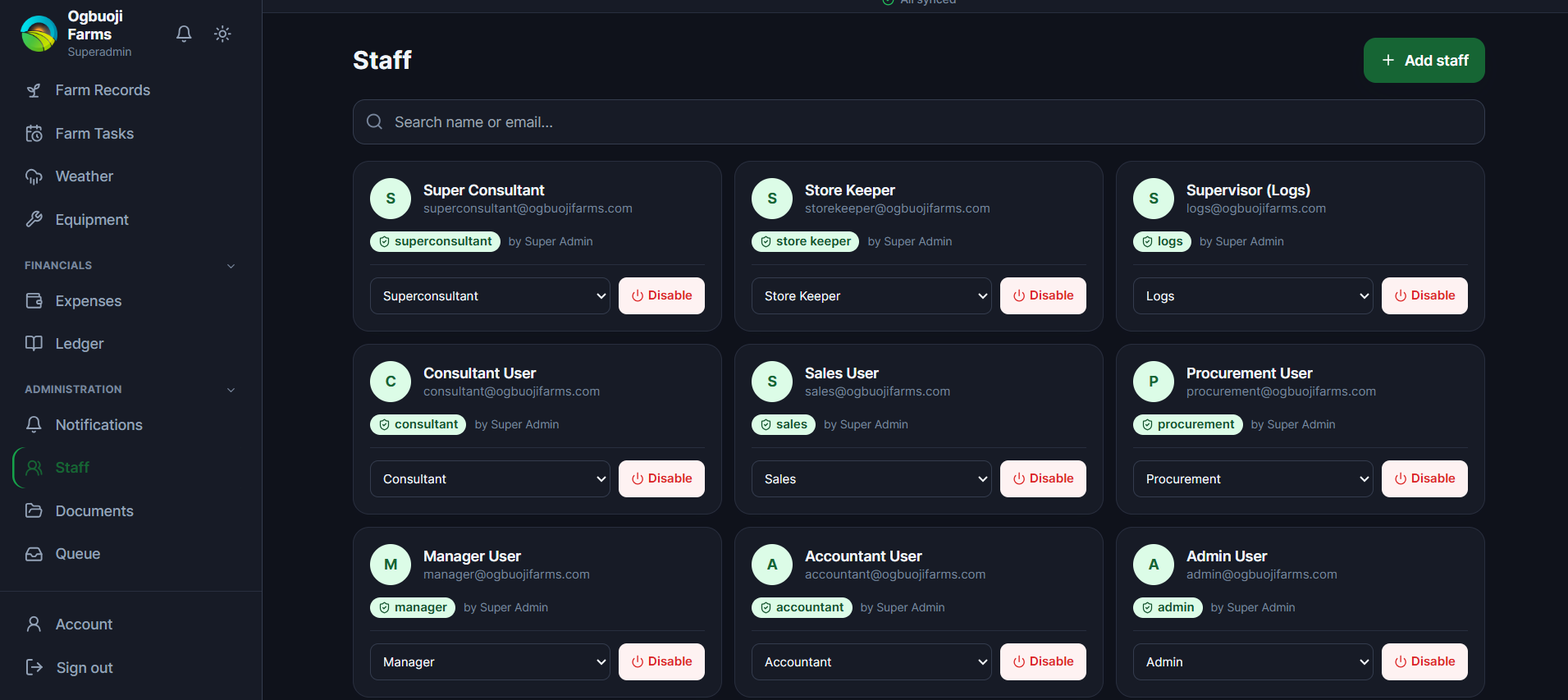 Staff — A ten-role permission system managed from one screen — every account traceable to who created it, with role changes just a click away.