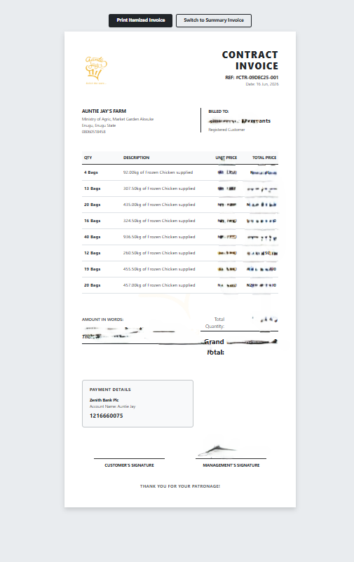 The itemized invoice, generated straight from delivery data with no manual typing.