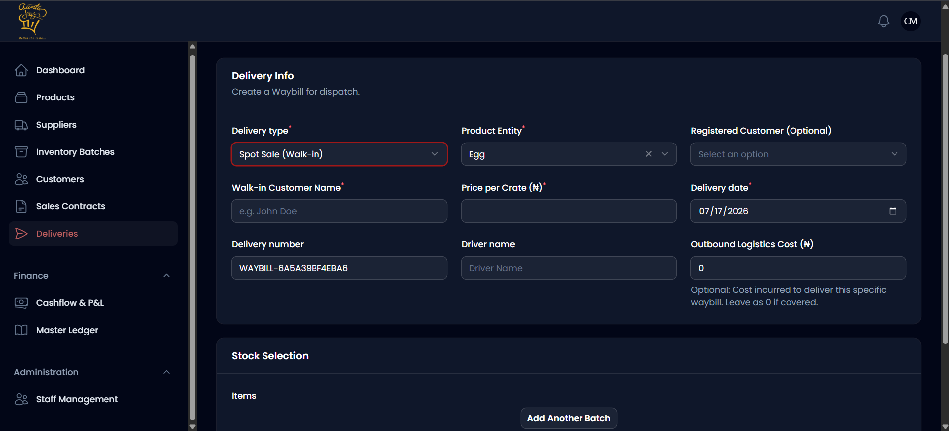 Adding a delivery for eggs: the form reshapes itself around the product's own unit.